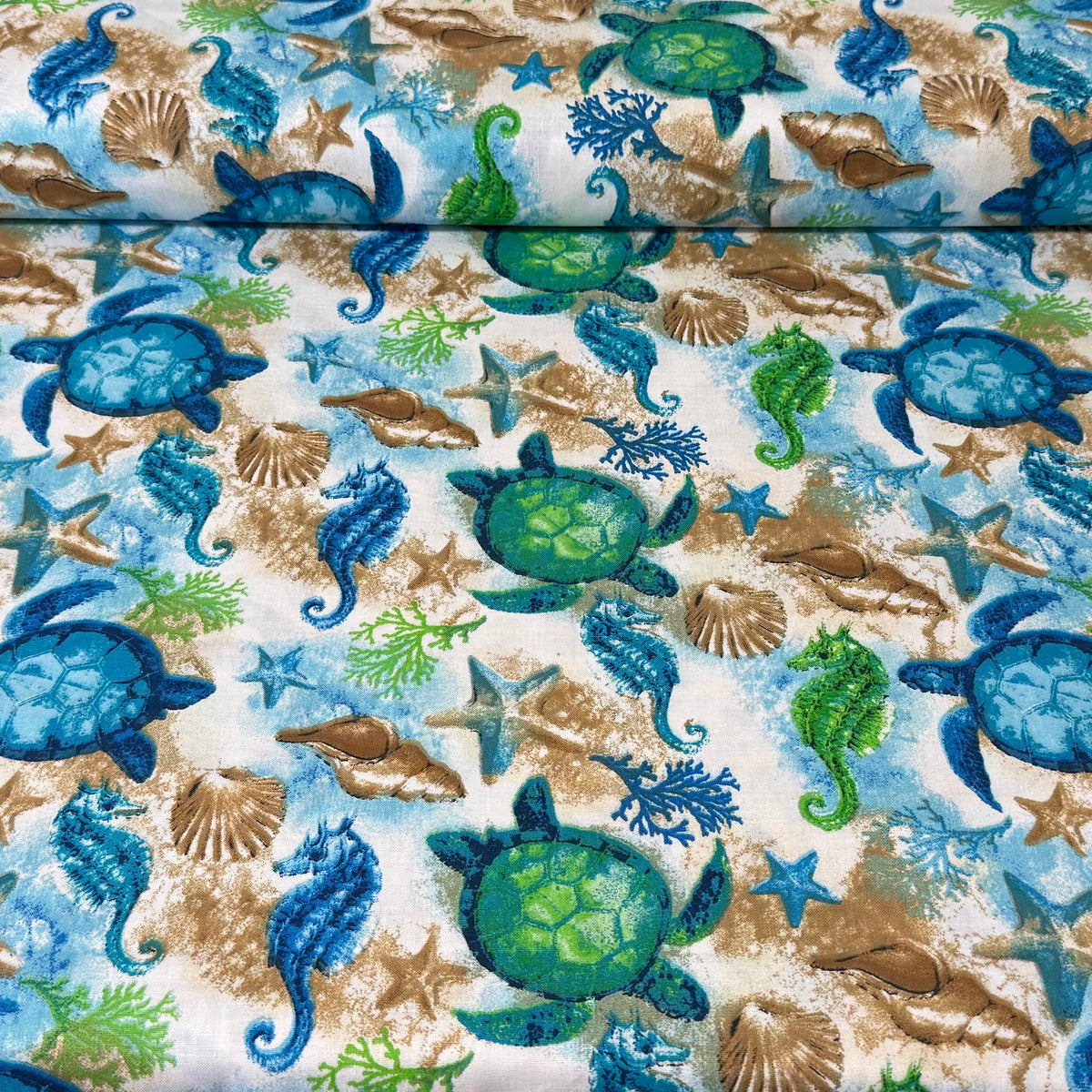 Sea Turtles, Seahorses & Seashells Ocean Print – 100% Cotton Fabric – 45” Wide