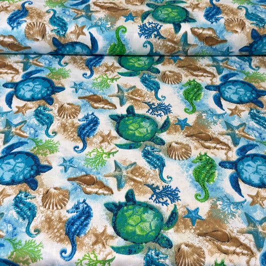 Sea Turtles, Seahorses & Seashells Ocean Print – 100% Cotton Fabric – 45” Wide