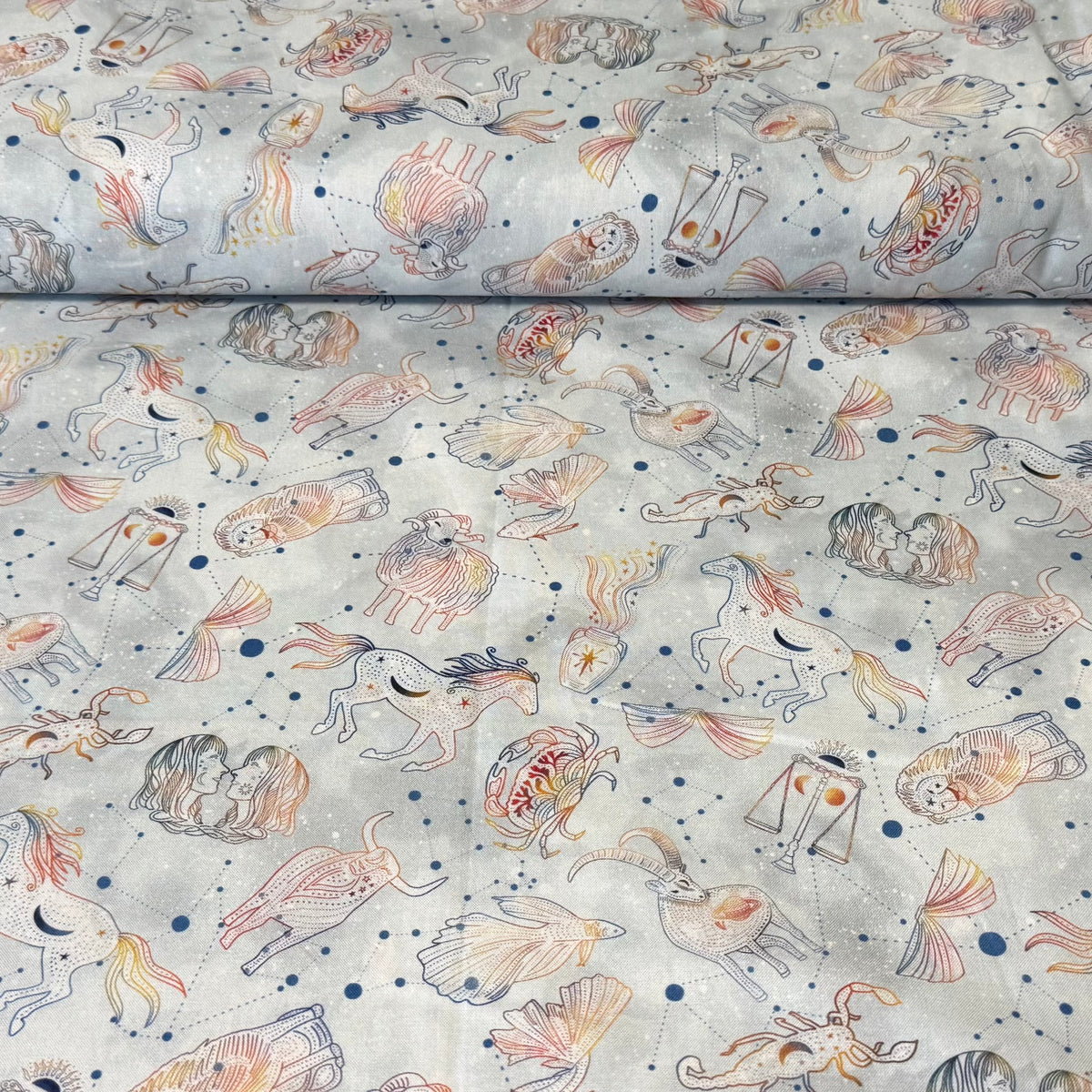 Mystical Zodiac & Constellations on Light Blue – 100% Cotton Fabric – 45” Wide