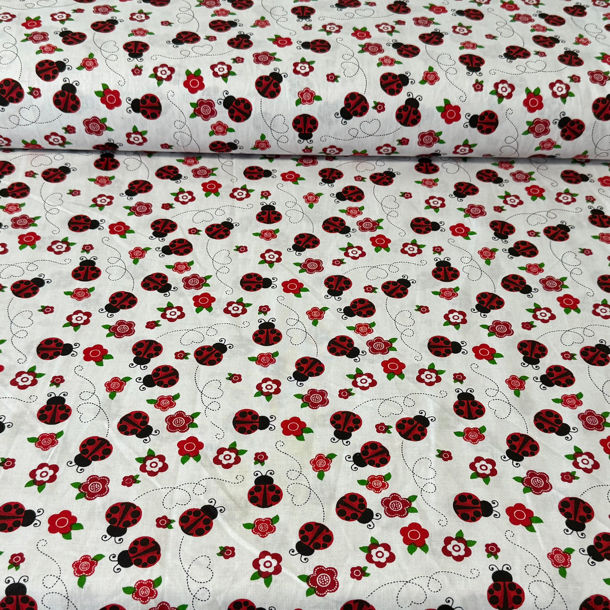 Red Ladybugs & Flowers on White – 100% Cotton Fabric – 45” Wide