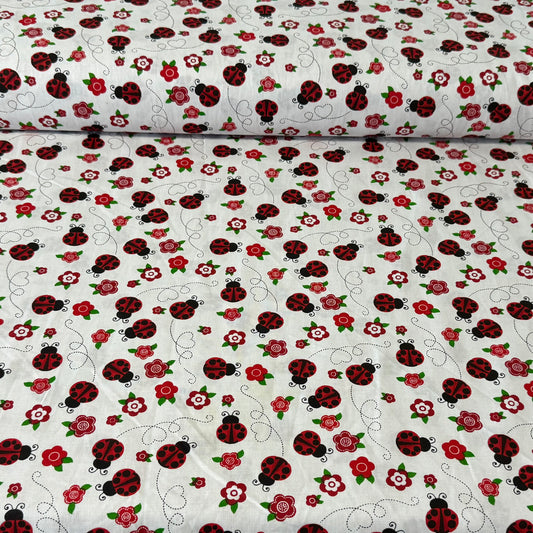 Red Ladybugs & Flowers on White – 100% Cotton Fabric – 45” Wide