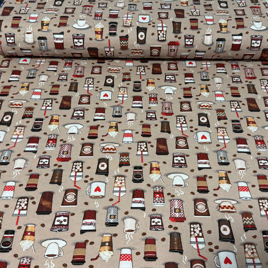 Beige Cotton Fabric with Coffee Cups, Espresso, Lattes, Coffee Beans & Hot Beverage Print – 45” Wide