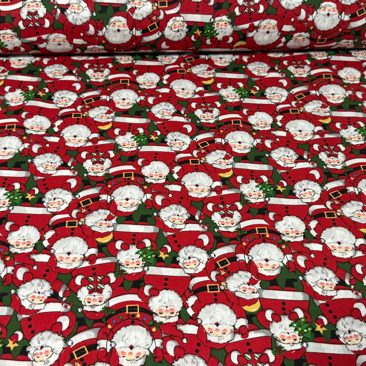 Red Christmas Cotton Fabric with Jolly Santa Claus Faces, Christmas Trees & Festive Decorations – 45” Wide