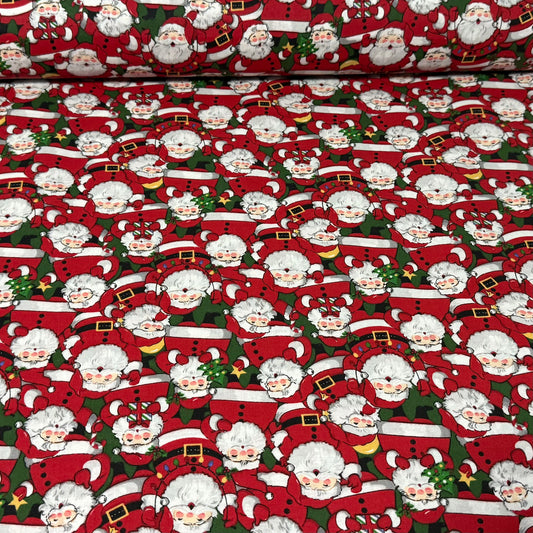 Red Christmas Cotton Fabric with Jolly Santa Claus Faces, Christmas Trees & Festive Decorations – 45” Wide