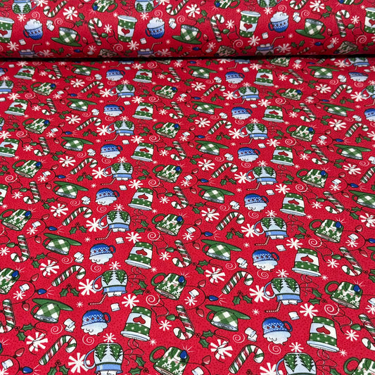 Red Christmas Cotton Fabric with Hot Cocoa Mugs, Candy Canes, Snowflakes & Holiday Treats – 45” Wide