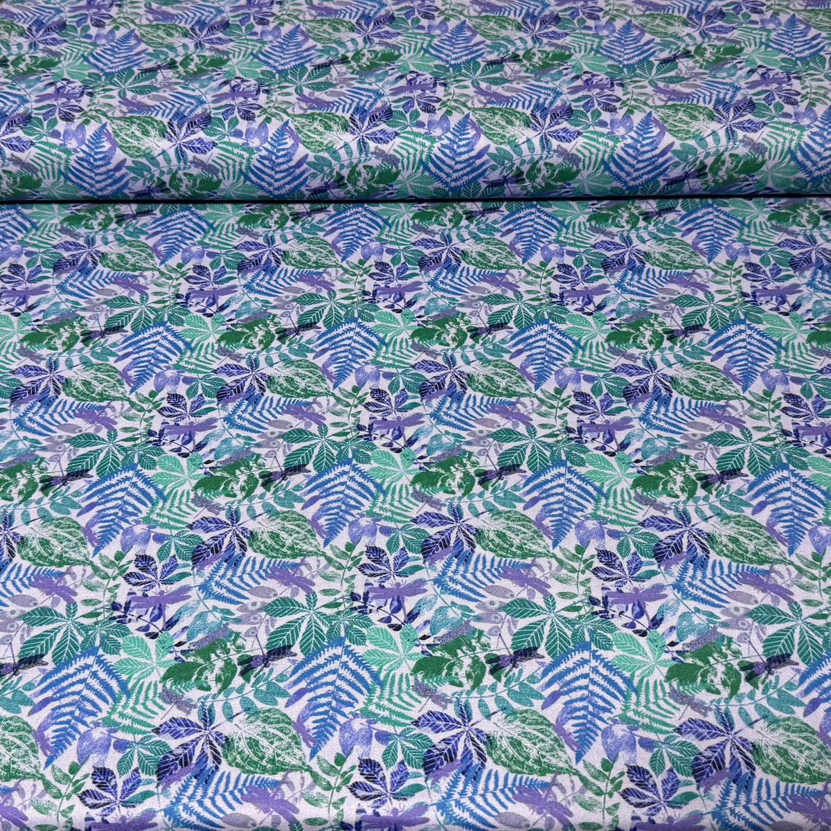 Lavender Cotton Fabric with Blue, Teal & Green Tropical Ferns and Botanical Leaves – 45” Wide