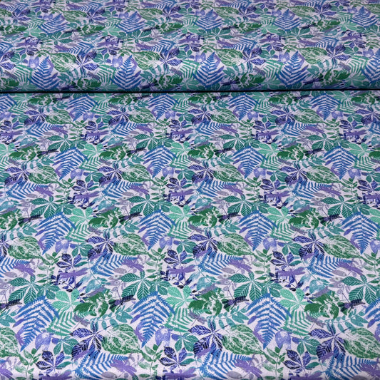 Lavender Cotton Fabric with Blue, Teal & Green Tropical Ferns and Botanical Leaves – 45” Wide