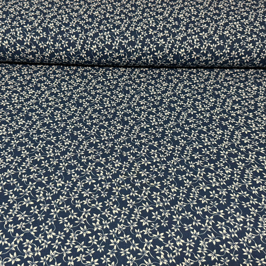 Navy Blue Cotton Fabric with Small Ivory Flowers & Delicate Trailing Vines – 45” Wide