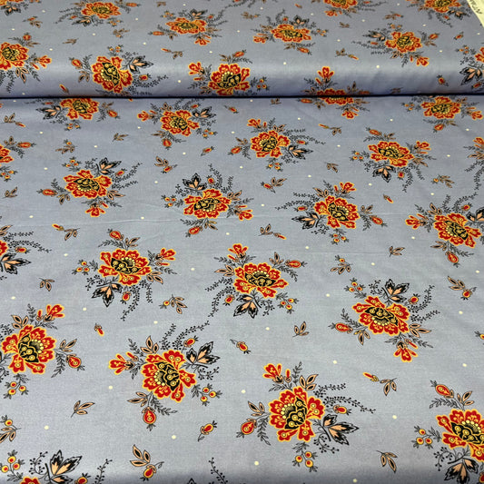 Dusty Blue Cotton Fabric with Red, Orange & Yellow Vintage Floral Print – 45” Wide