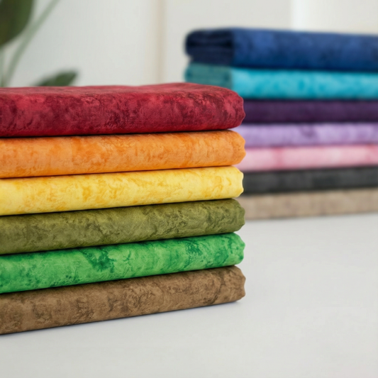 Stack of colorful fabric swatches on a white surface