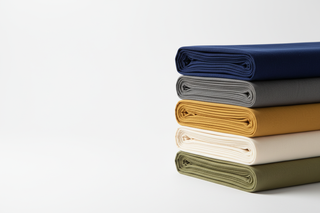 Wide homepage hero banner image for a modern luxury fabric store website, studio product photography. Exactly five neatly stacked cotton fabric bolts, equal thickness and perfectly aligned edges, crisp folds, premium cotton weave texture clearly visible. Fabric stack positioned on the RIGHT side of the frame, with large empty space on the LEFT for website headline text. Pure white seamless background (#FFFFFF). Soft diffused studio lighting, minimal natural shadow, ultra-realistic, high-end e-commerce catal